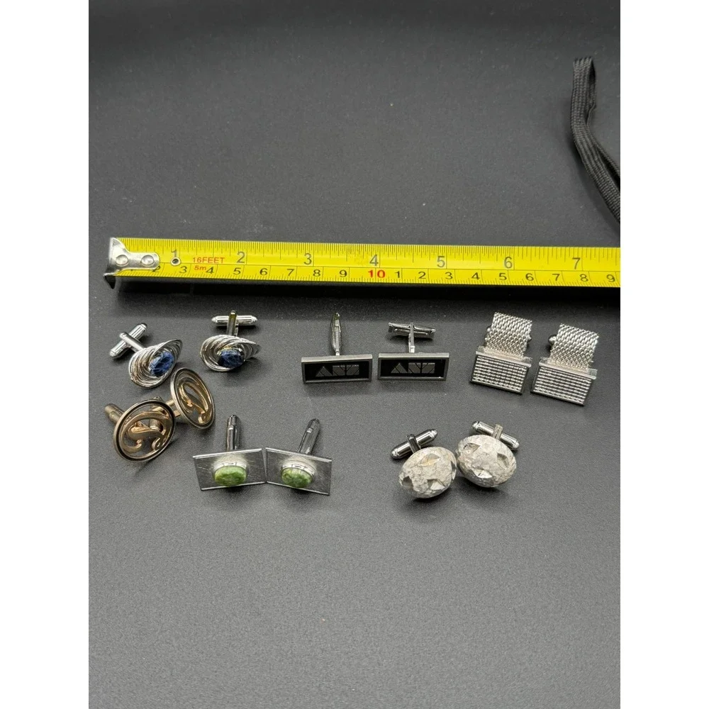 Vintage Cufflinks Lot of 5 Pairs Silver Tone Textured Stone Modern Retro Styles